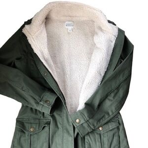 Market & Spruce Women L Olive Jacket with Faux Fur lining snatched waist effect